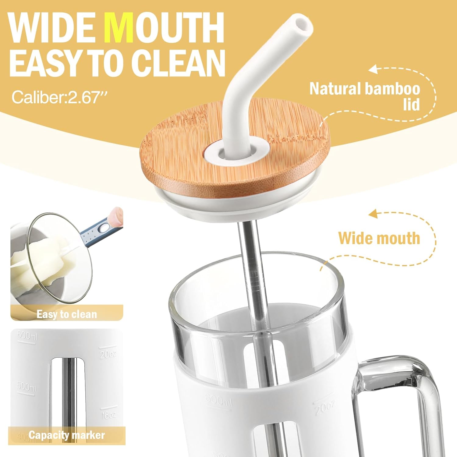 Kodrine Vaso con tapa y pajilla, vaso de café de vidrio de 20 onzas con asa, taza para batidos con tapa de bambú, marcador de tiempo, funda