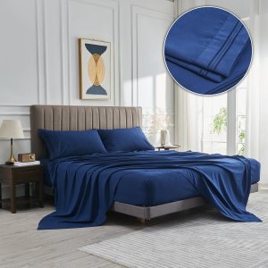 WODFAMY Juego de sábanas de microfibra tamaño King, extra suaves y profundas, con bolsillos profundos de lujo, color azul marino, transpirables y WODFAMY Juego de sábanas de microfibra tamaño King, extra suaves y profundas, con bolsillos profundos de lujo, color azul marino, transpirables y