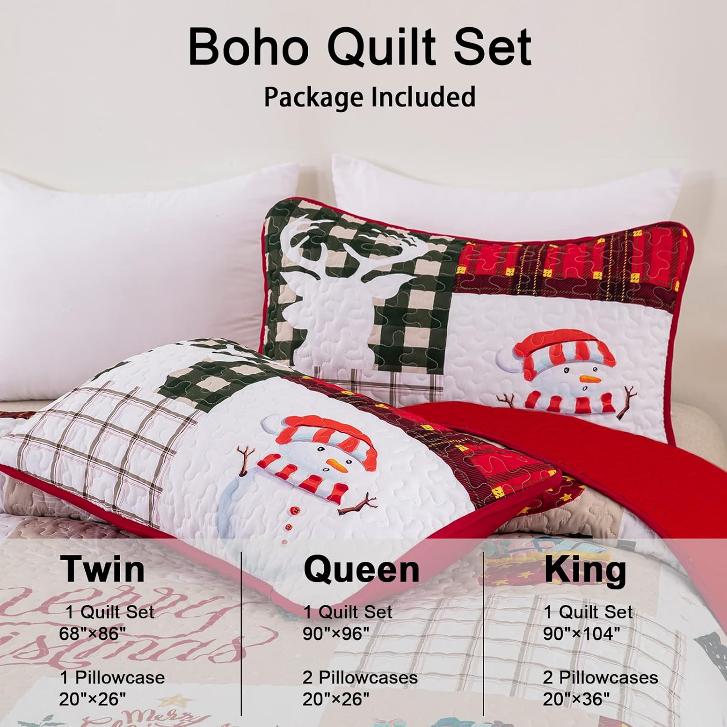 Juego de edredón de Navidad tamaño Queen, juego de ropa de cama acolchada con 2 fundas de almohada, diseño de muñeco de nieve, árbol de Navidad,