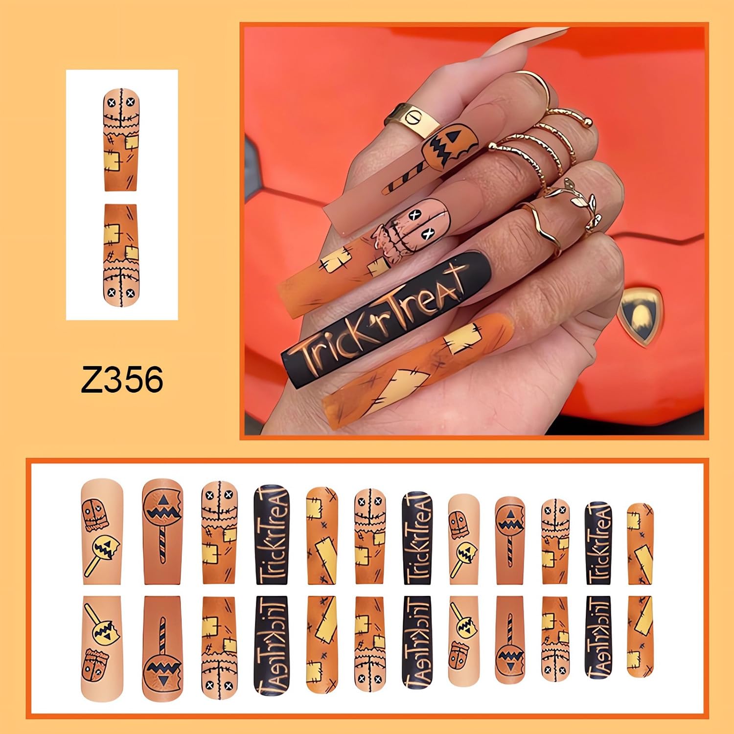Uñas postizas a presión de Halloween, largas y cuadradas, uñas postizas acrílicas de Halloween con diseños, uñas adhesivas de Halloween de cobertura