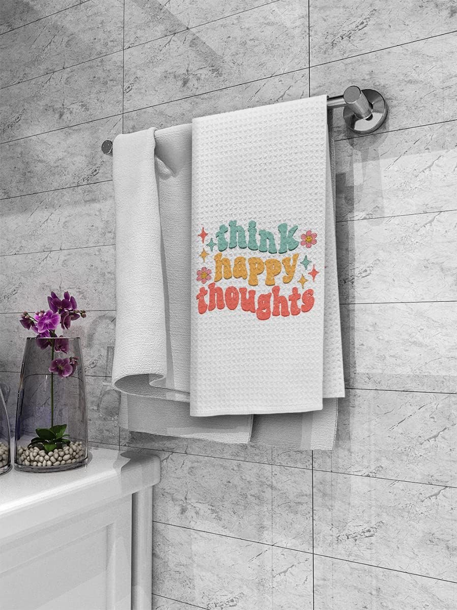 Paño de cocina con frase positiva Think Happy Thoughts, bohemio, retro, Groovy Daisy Smiley, cara sonriente, paños de cocina, paño de secado