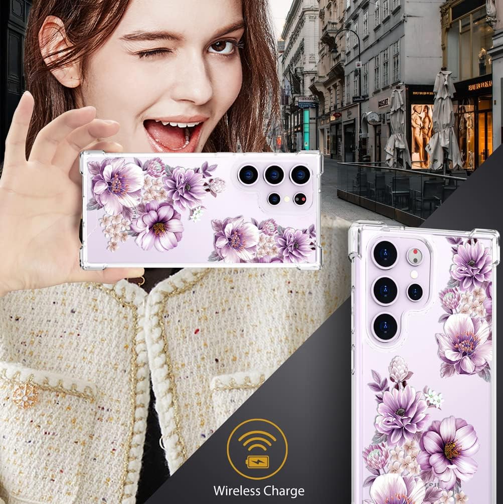 Funda transparente con diseño floral lindo para mujer, diseño femenino para Galaxy S23 Ultra, diseño floral compatible con Samsung Galaxy S23 Ultra