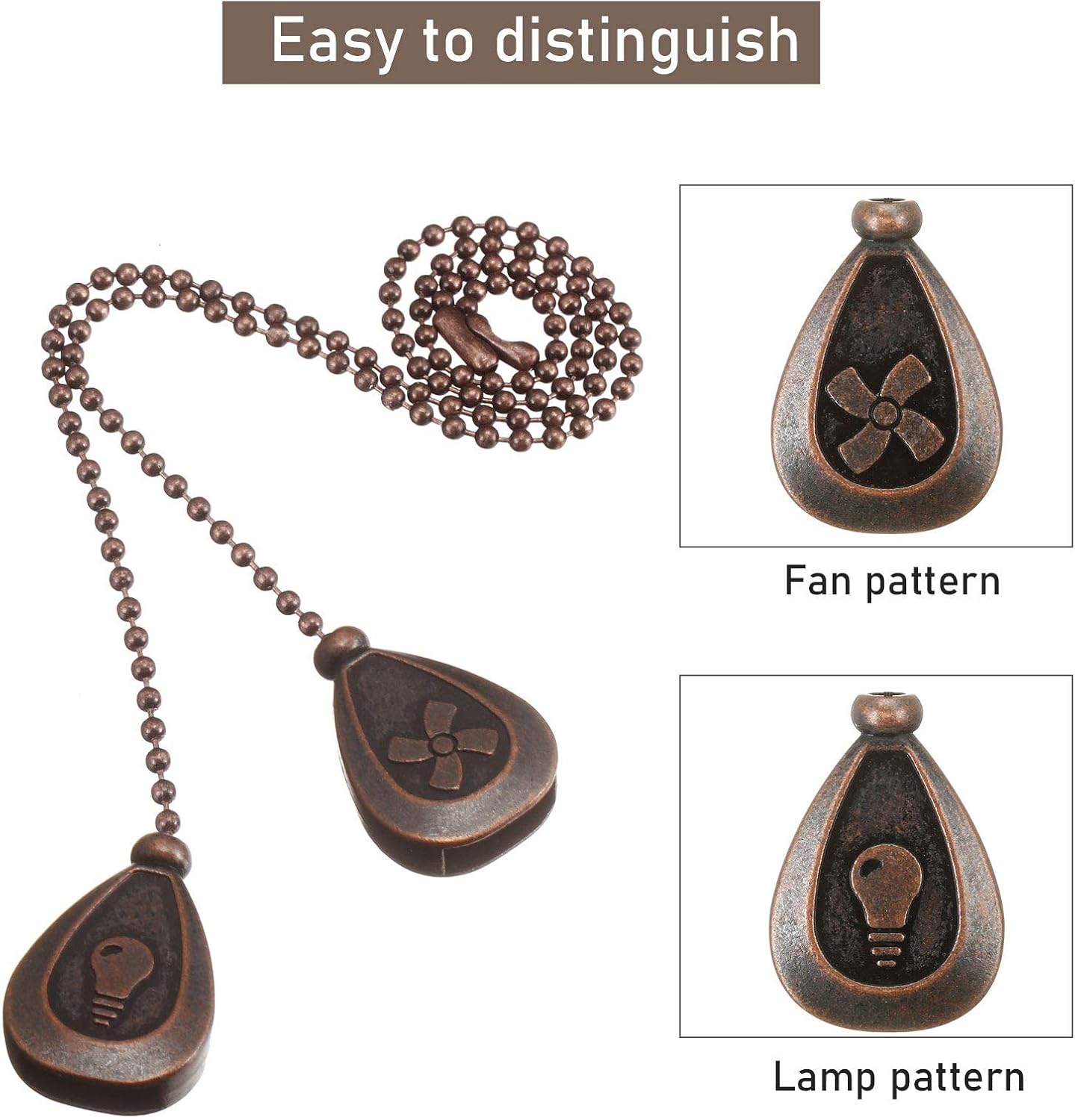 Patelai Extensor de cadena de tracción para ventilador de techo, 4 piezas, cadena de tracción para ventilador de techo, colgante de bronce de 12