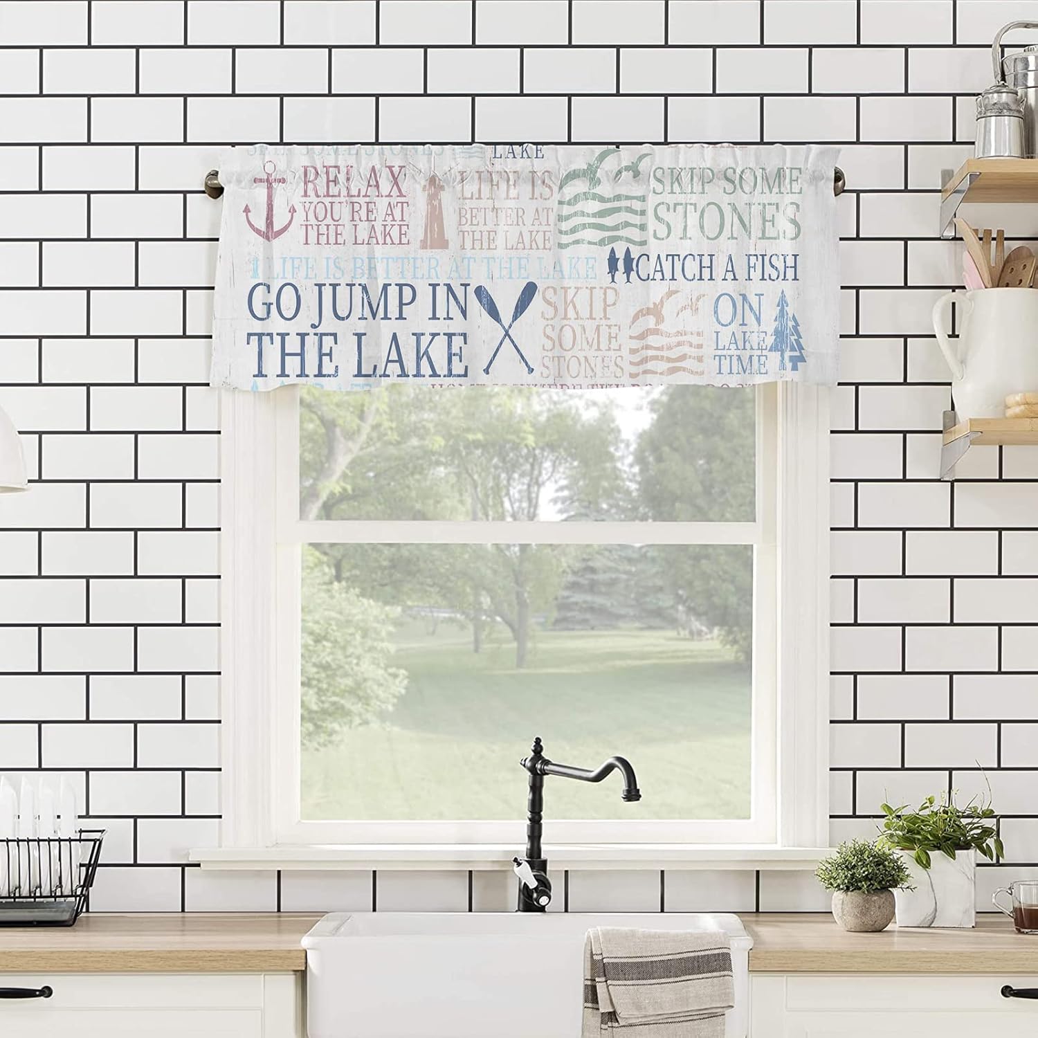 AmbeHome Cenefas de cortina náuticas para decoración de ventanas, cenefa temática de Lake Life para cocina, sala de estar, dormitorio, cenefa de