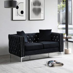 KIVENJAJA Sofá biplaza de terciopelo de 59 pulgadas, asiento biplaza pequeño de 2 plazas con botones con detalles de cabeza de clavo, brazos KIVENJAJA Sofá biplaza de terciopelo de 59 pulgadas, asiento biplaza pequeño de 2 plazas con botones con detalles de cabeza de clavo, brazos