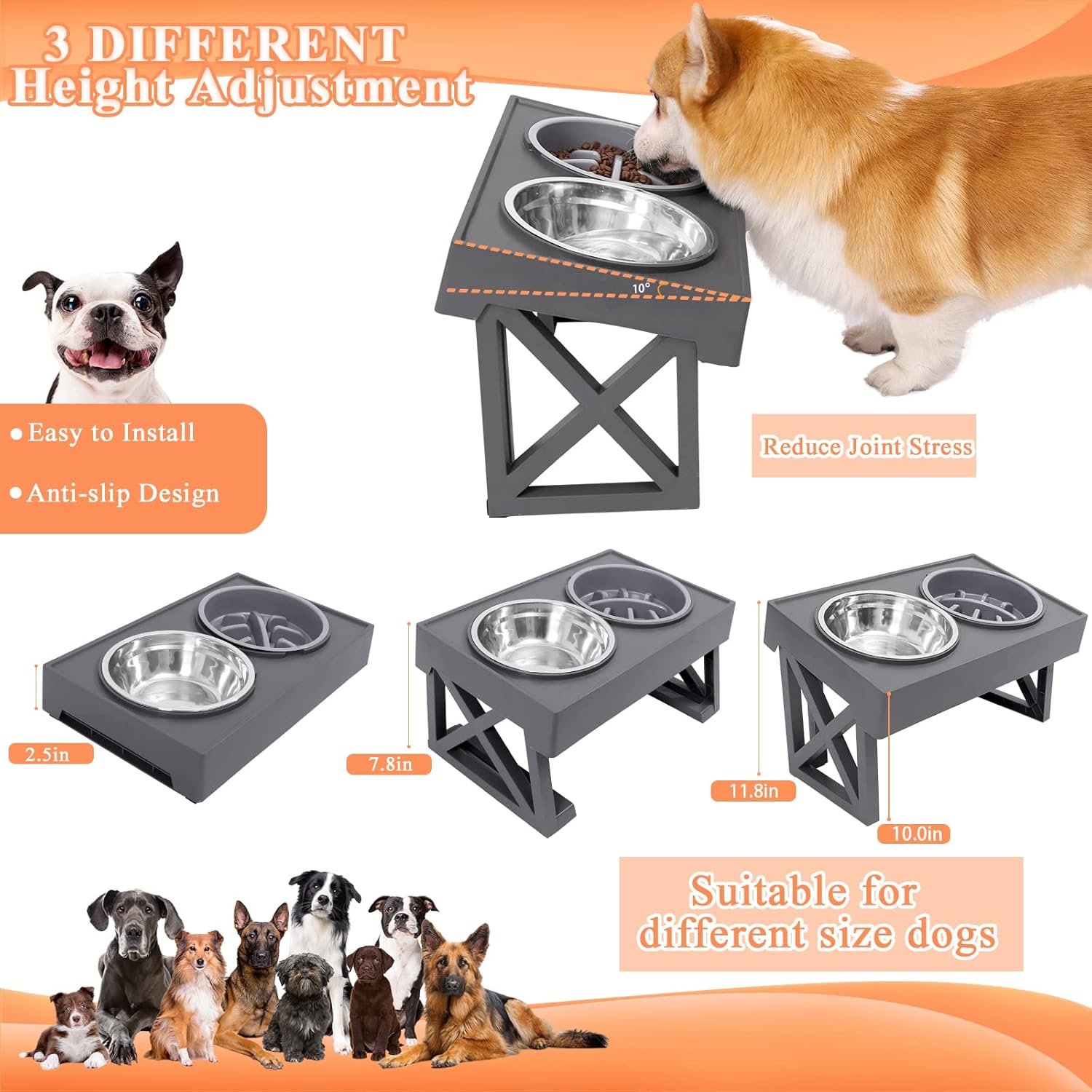 Soporte para cuenco para perros con alfombrilla de 3 alturas ajustables, cuencos elevados inclinados en 10 con 1 tazón de alimentación lenta para