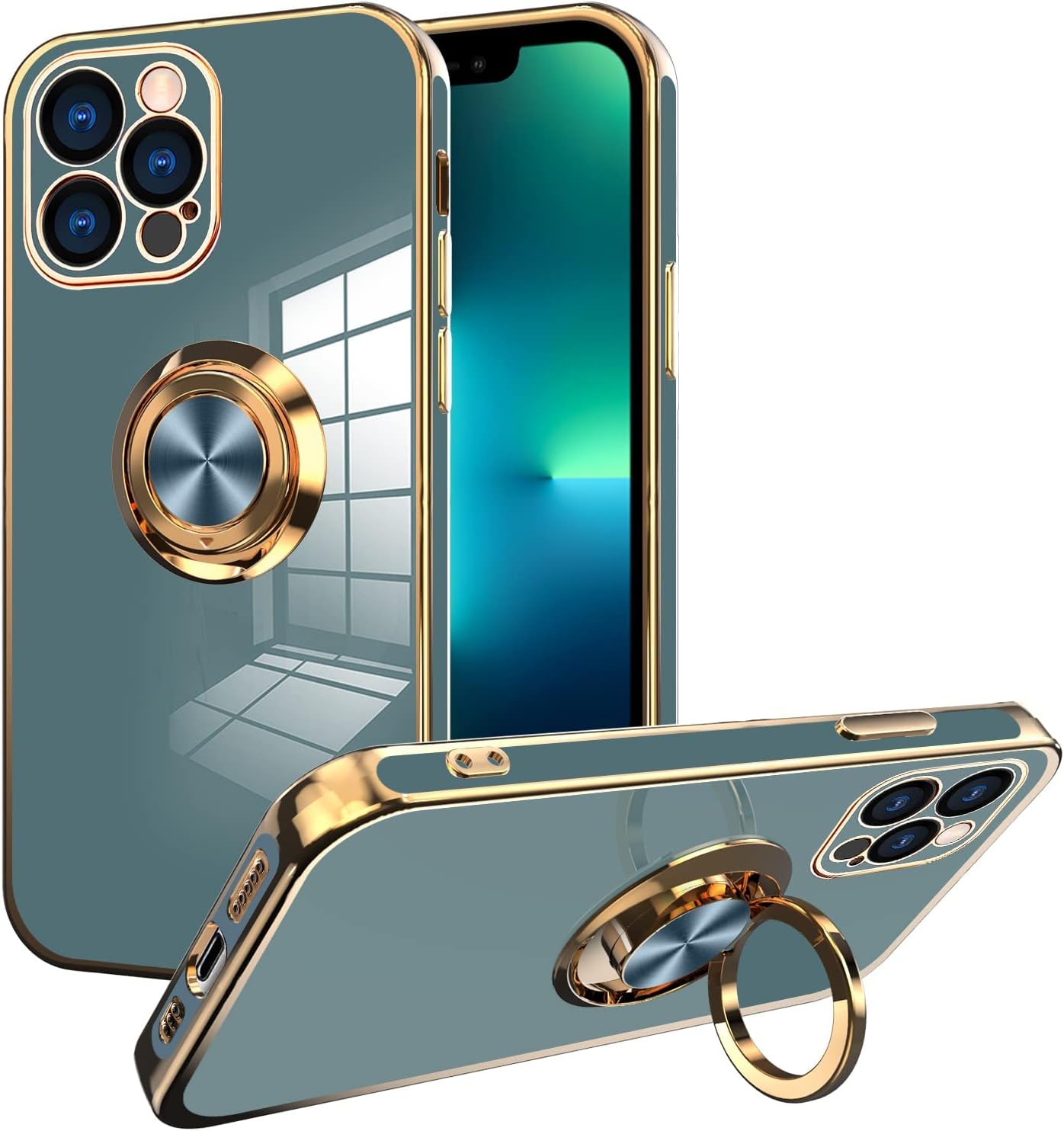 OOK Funda compatible con iPhone 13 Pro con soporte para anillo, protección completa para lente de cámara, chapado en oro rosa, 360, soporte de