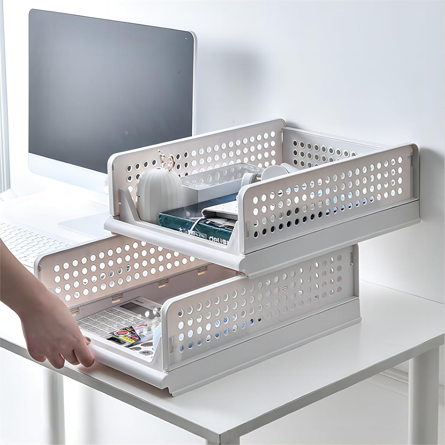 Caja de almacenamiento plegable de 4 piezas, contenedores de almacenamiento apilables, estilo cajón, cajón de almacenamiento apilable, cestas de