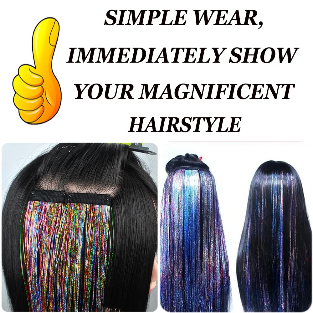 Pelo de oropel azul cielo de 24 pulgadas, resistente al calor, con clips, extensiones de oropel con purpurina, para Navidad, Año Nuevo, muy lindo
