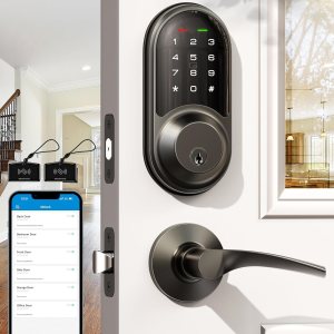 Veise Cerraduras inteligentes para puerta delantera, juego de 2 manijas de palanca, cerrojo de entrada sin llave, control de aplicación, teclado Veise Cerraduras inteligentes para puerta delantera, juego de 2 manijas de palanca, cerrojo de entrada sin llave, control de aplicación, teclado