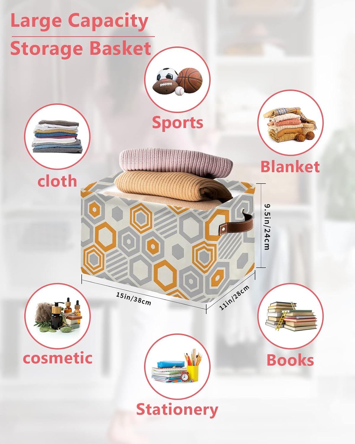 Orange Grey Storage Basket for Organizing Shelves, Collapsible Storage Bins Boxes with Handle, Modern Striped Geometric Abstract Art Canvas Hamper