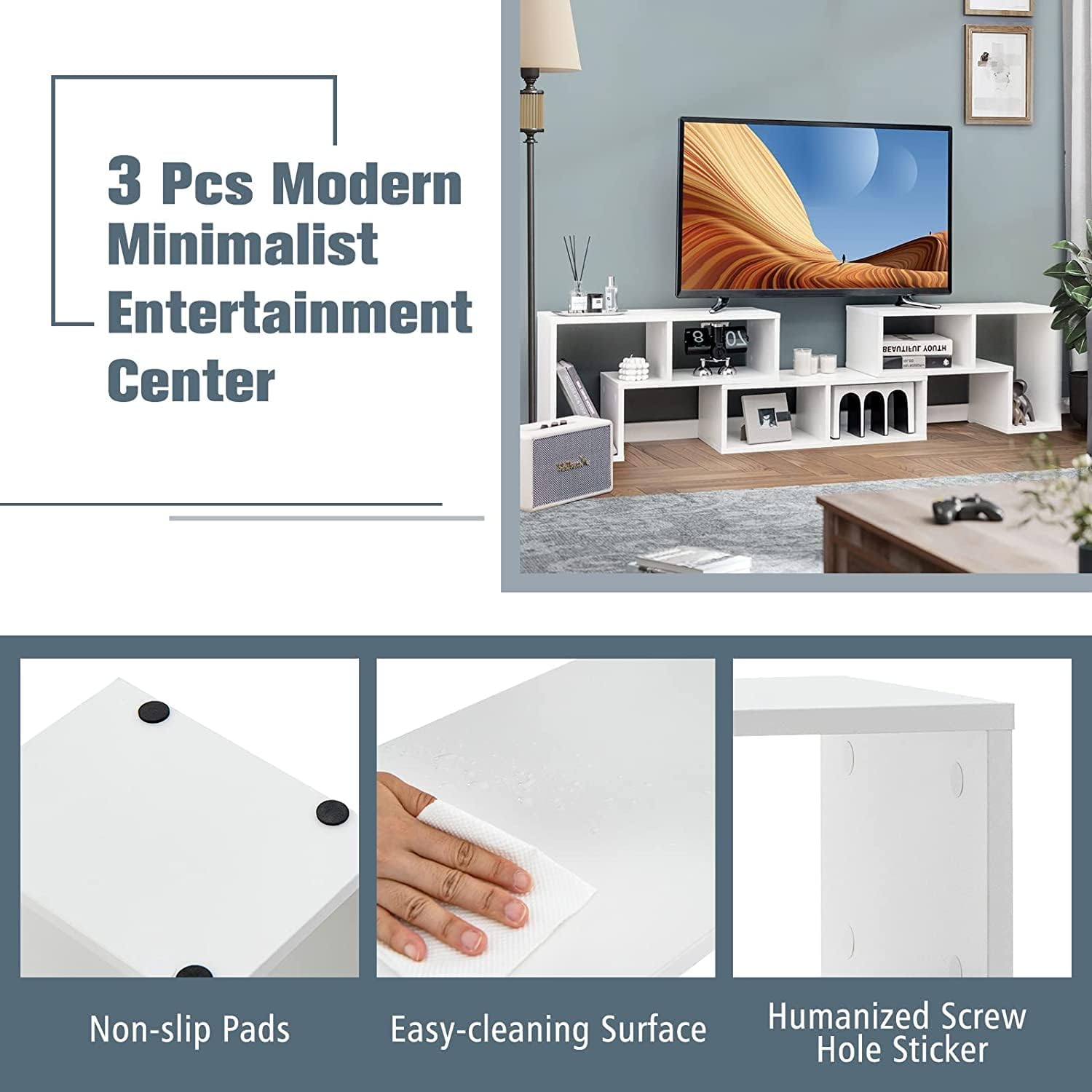 Muebles multimedia modernos, estante abierto para almacenamiento y exhibición, adecuado para sala de estar, dormitorio, consola de 3 piezas, soporte