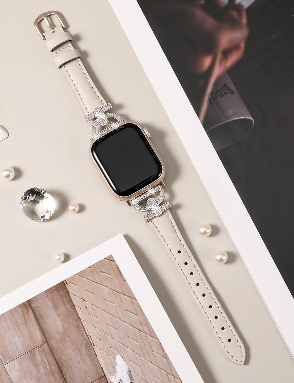 TOYOUTHS Correa de cuero compatible con Apple Watch Band 3840414244451.929 in, correa delgada y elegante para mujer con hebilla de metal de diamante