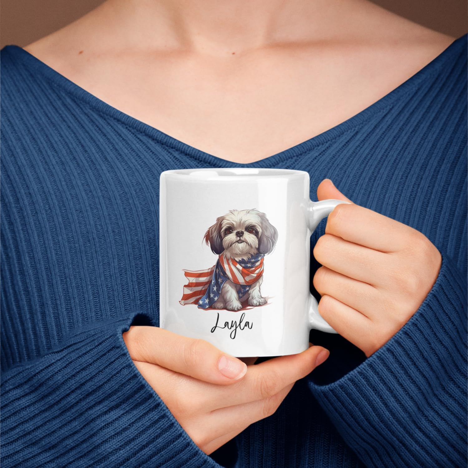 Taza de café blanca personalizada de perro Shih Tzu de 11 onzas, 15 onzas, bandana de bandera estadounidense, tazas para perros Shih Tzu, regalo