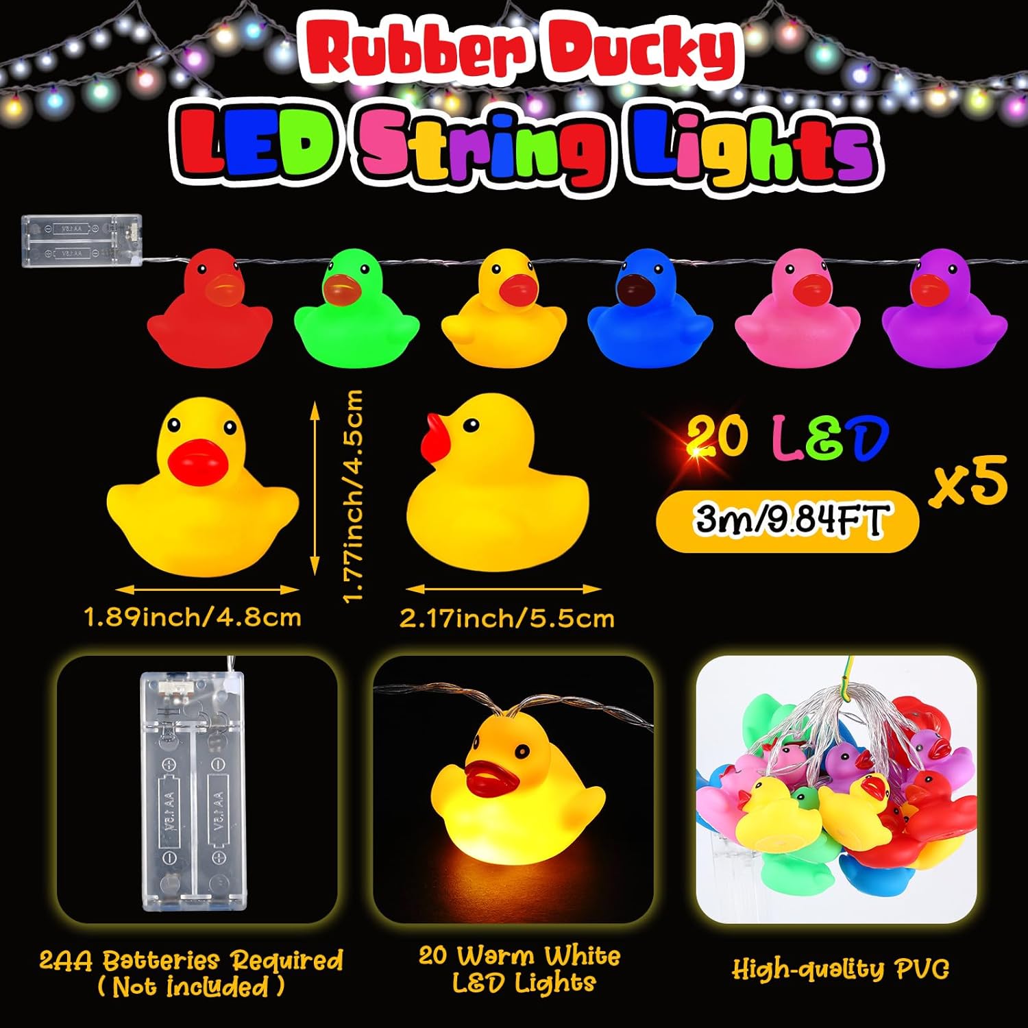 Deekin Guirnalda de luces LED de goma con forma de pato de 100200 luces LED para árbol de Navidad, pato, funciona con pilas, luces decorativas para