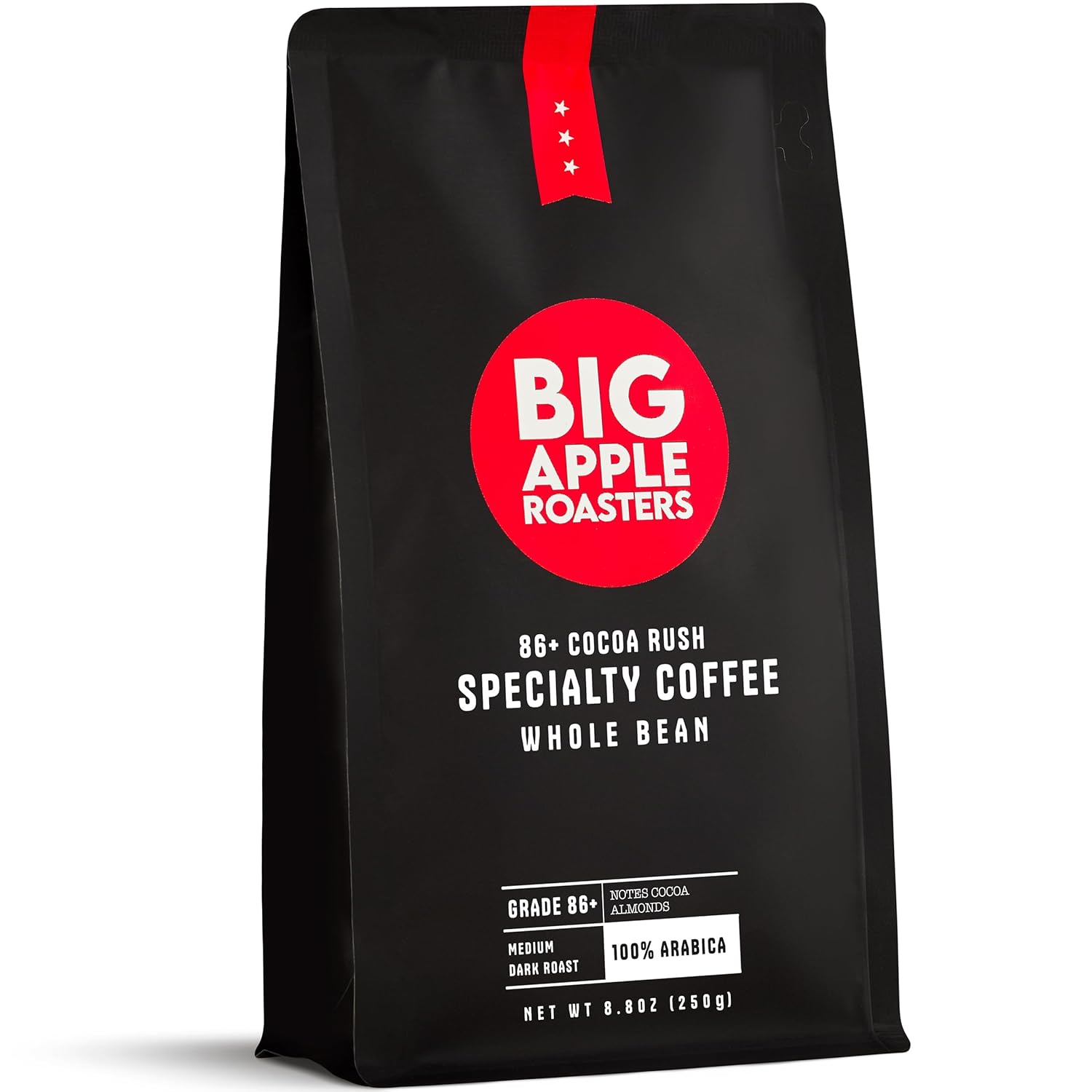 Big Apple Roasters 86+ Cocoa Rush Specialty Coffee  Café bajo en ácido  Grano entero  Café brasileño  Tostado medio ligero  Peso neto 8.8 onzas