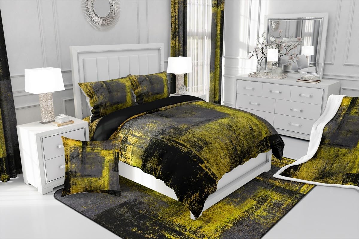 Erosebridal Juego de funda de edredón para niños, tamaño King, color amarillo, negro, gris oscuro, gris, juego de ropa de cama estética para niños y
