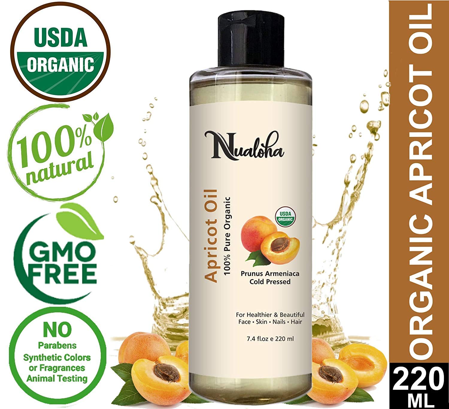 Aceite orgánico de albaricoque de 7.4 fl oz, aceite portador de albaricoque orgánico puro prensado en frío del USDA para piel, cabello, cara,