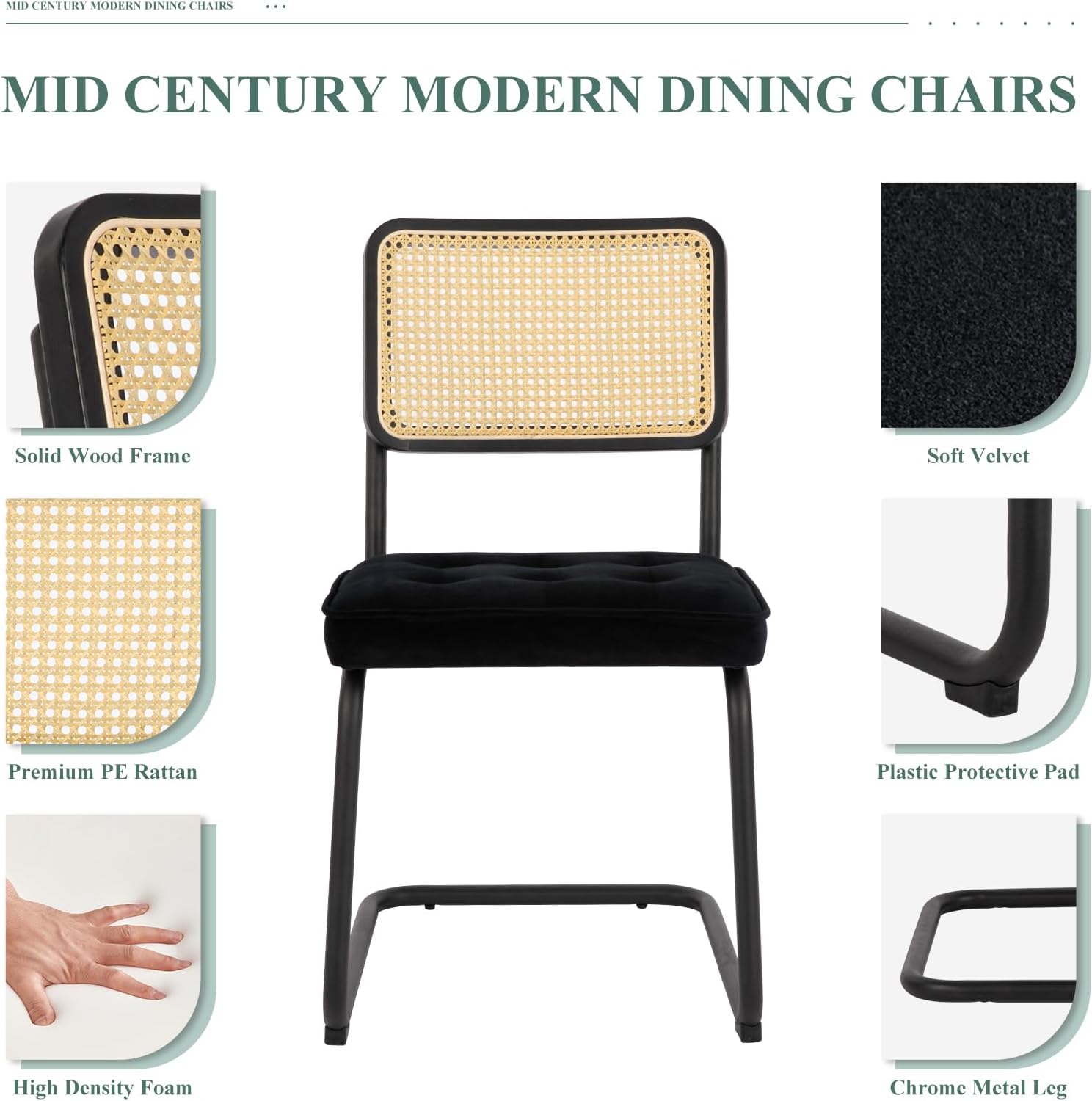 COLAMY Juego de 4 sillas de comedor modernas de mediados de siglo, sillas auxiliares de comedor de ratán de terciopelo con patas cromadas de metal y