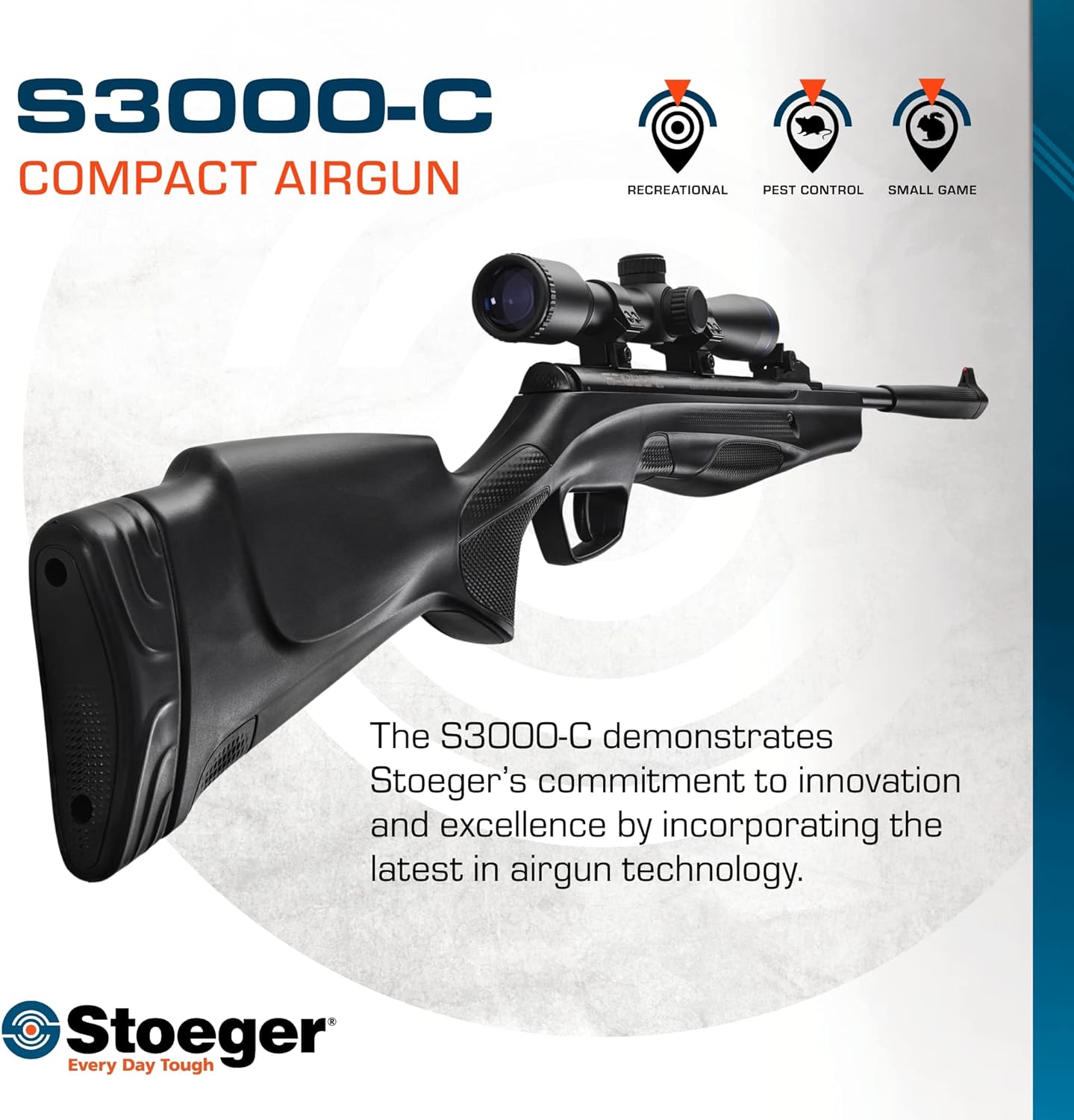 Stoeger S3000-C – Combo de pistola de aire comprimido compacta – Calibre .177 – Sintético negro con mira de fibra óptica Combo – Incluye alcance 4 x