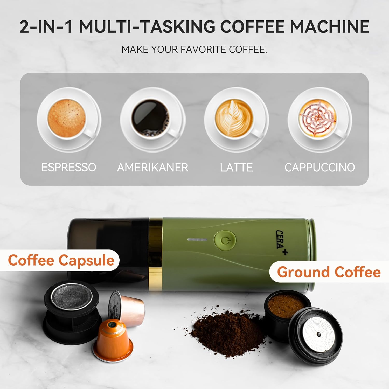 CERA+ Máquina de café espresso portátil, cafetera eléctrica autocalentable, presión de 20 bares compatible con cápsulas NS y café molido para