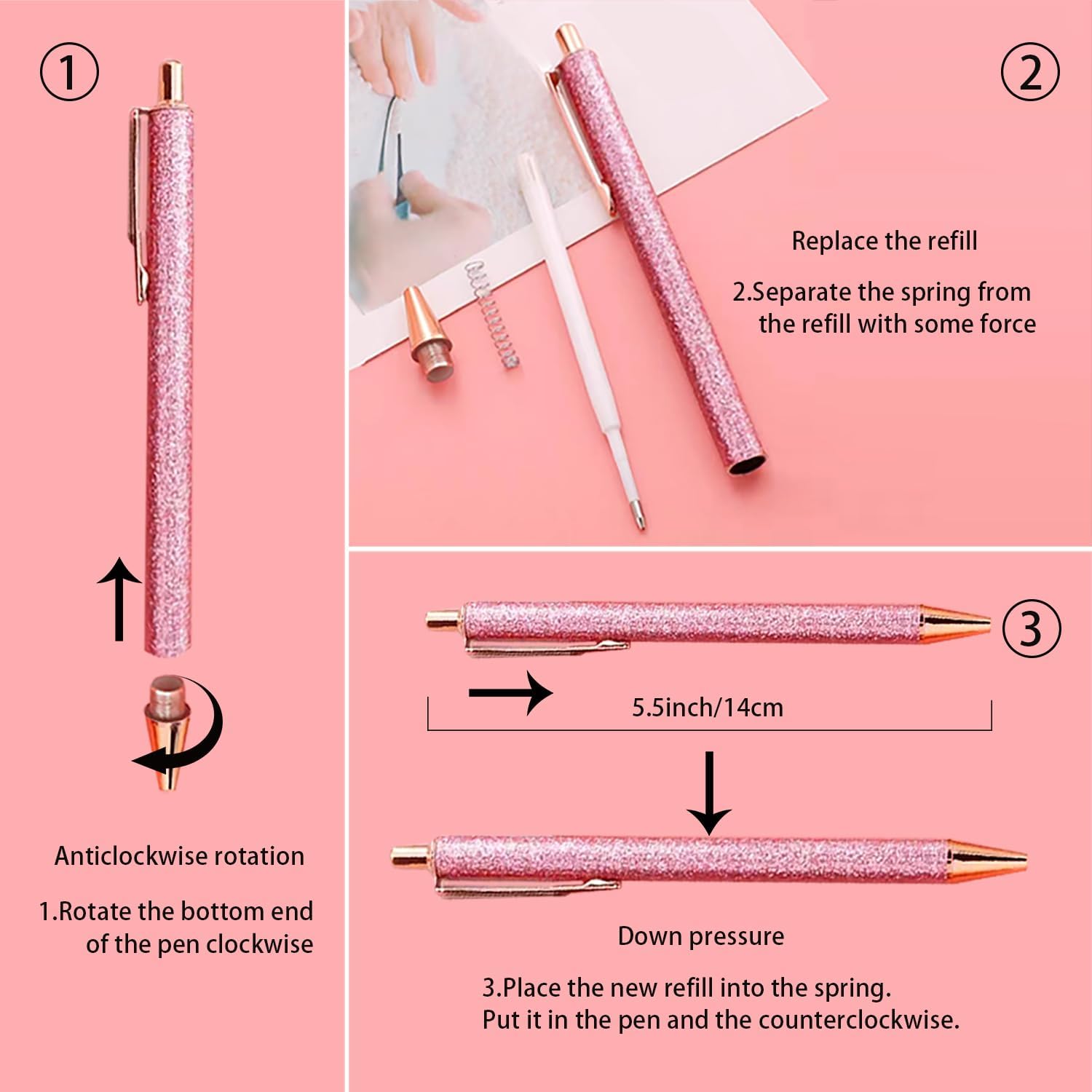 YOUMI 8 Pcs Retractable Ballpoint PenPretty Bling Metal Writing PensBlack Ink Medium Point 1.0 mm Gift Pens, Cute Journaling Pens Office Supplies