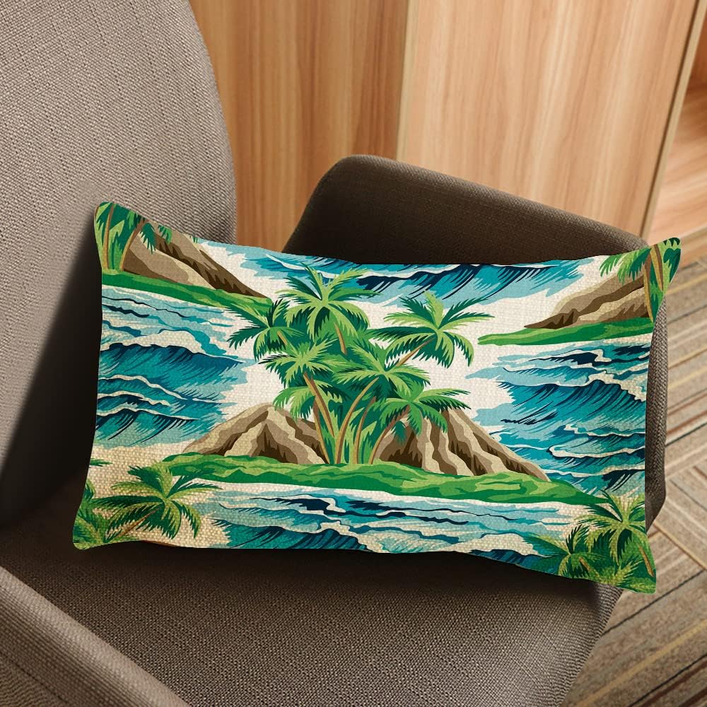 IBILIU Fundas de almohada decorativas hawaianas vintage, isla, palmera, olas del mar, verano, floral, algodón, lino, fundas de almohada lumbares