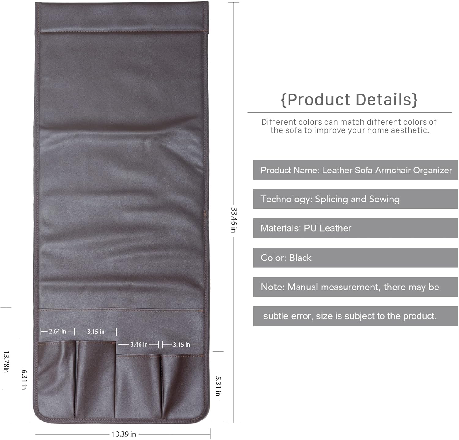 PU Leather Sofa Armrest Organizer, Armchair Magazine Holders, Waterproof Remote Holder for Recliner Couch with 1 Large Pocket, 4 Small Pockets for