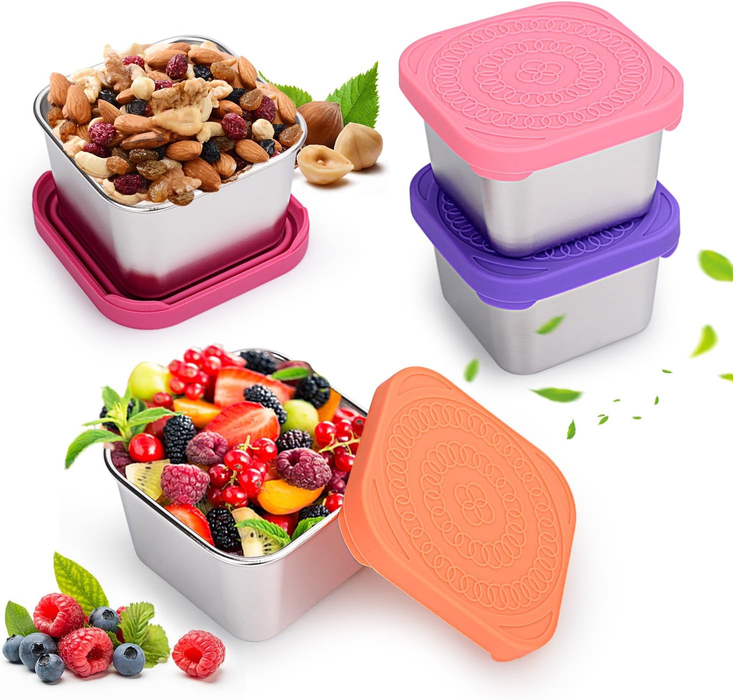 Paquete de 4 recipientes de acero inoxidable para aperitivos, 6 onzas, 304 de acero inoxidable, cajas de almacenamiento de alimentos con tapas de