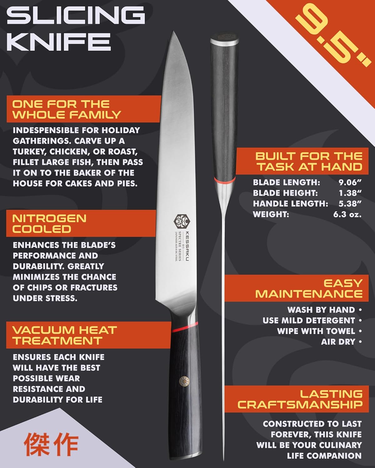 KESSAKU Cuchillo para cortar de 9.5 pulgadas – Serie Spectre – Acero inoxidable japonés forjado AUS-8 de alto carbono – Mango de madera Pakkawood