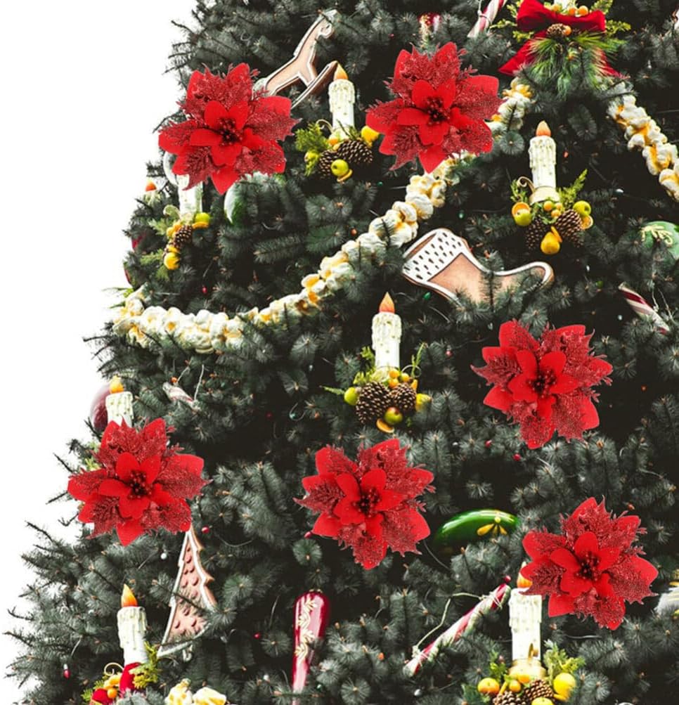 VOSAREA Decoraciones de Navidad, 24 piezas de flores de pascua de Navidad con purpurina artificial, flores en aerosol para árbol de Navidad,