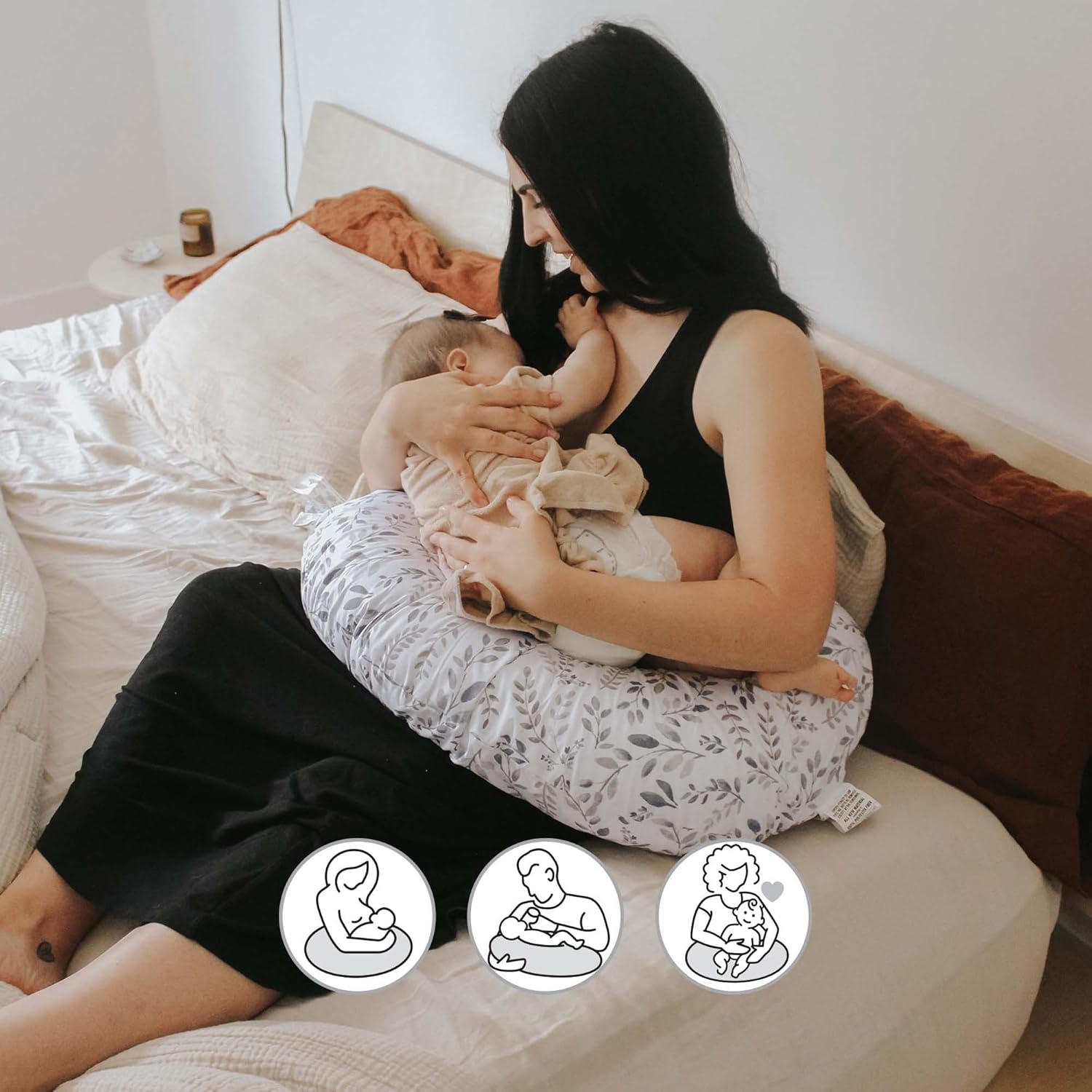 Boppy Almohada de lactancia con soporte original, hojas grises de color gris topo, esenciales ergonómicos de enfermería y funda de almohada de