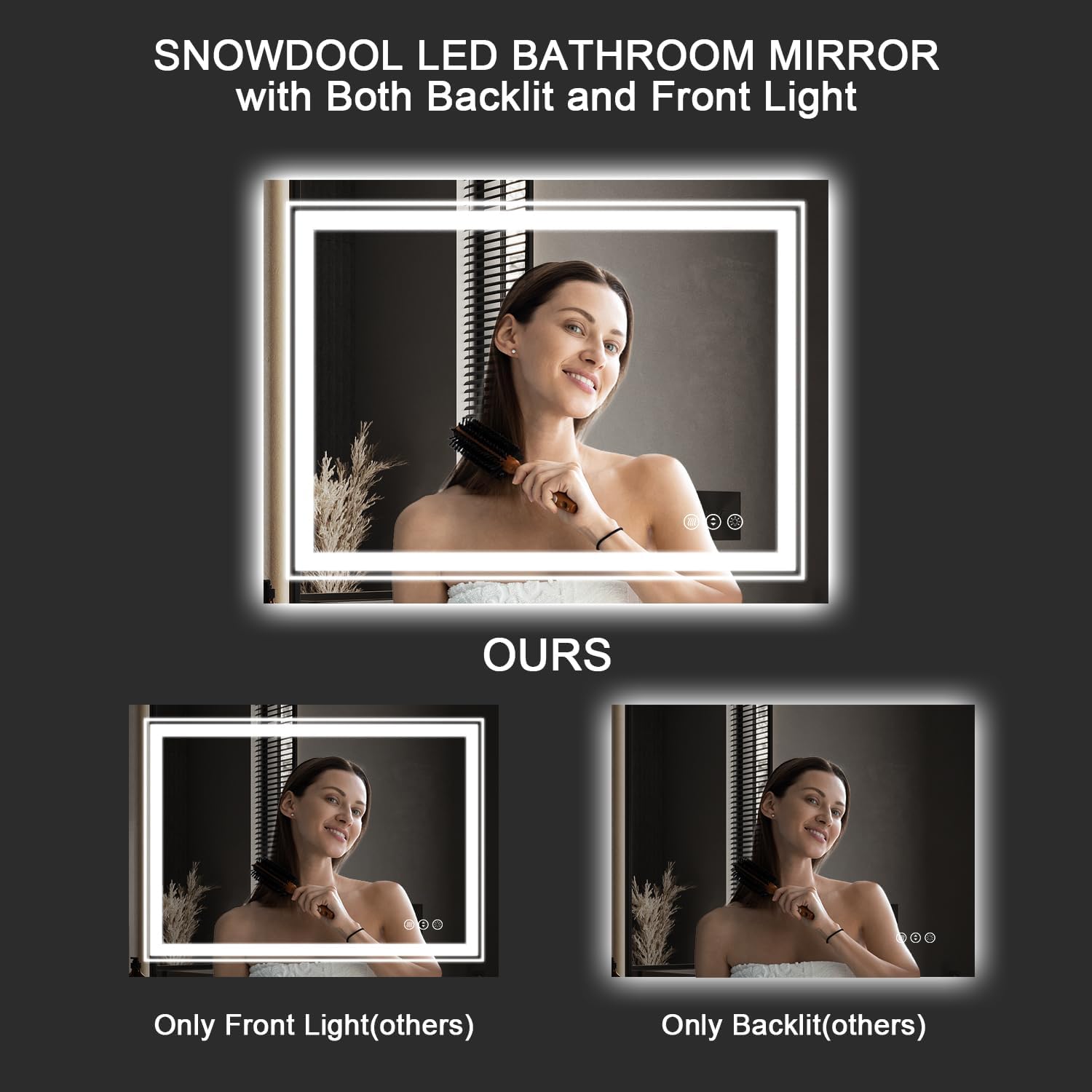 Snowdool Espejo de baño LED de 60 x 40 pulgadas, espejo de baño antiniebla con luces, regulable continuo, espejo de tocador iluminado de 3 colores,