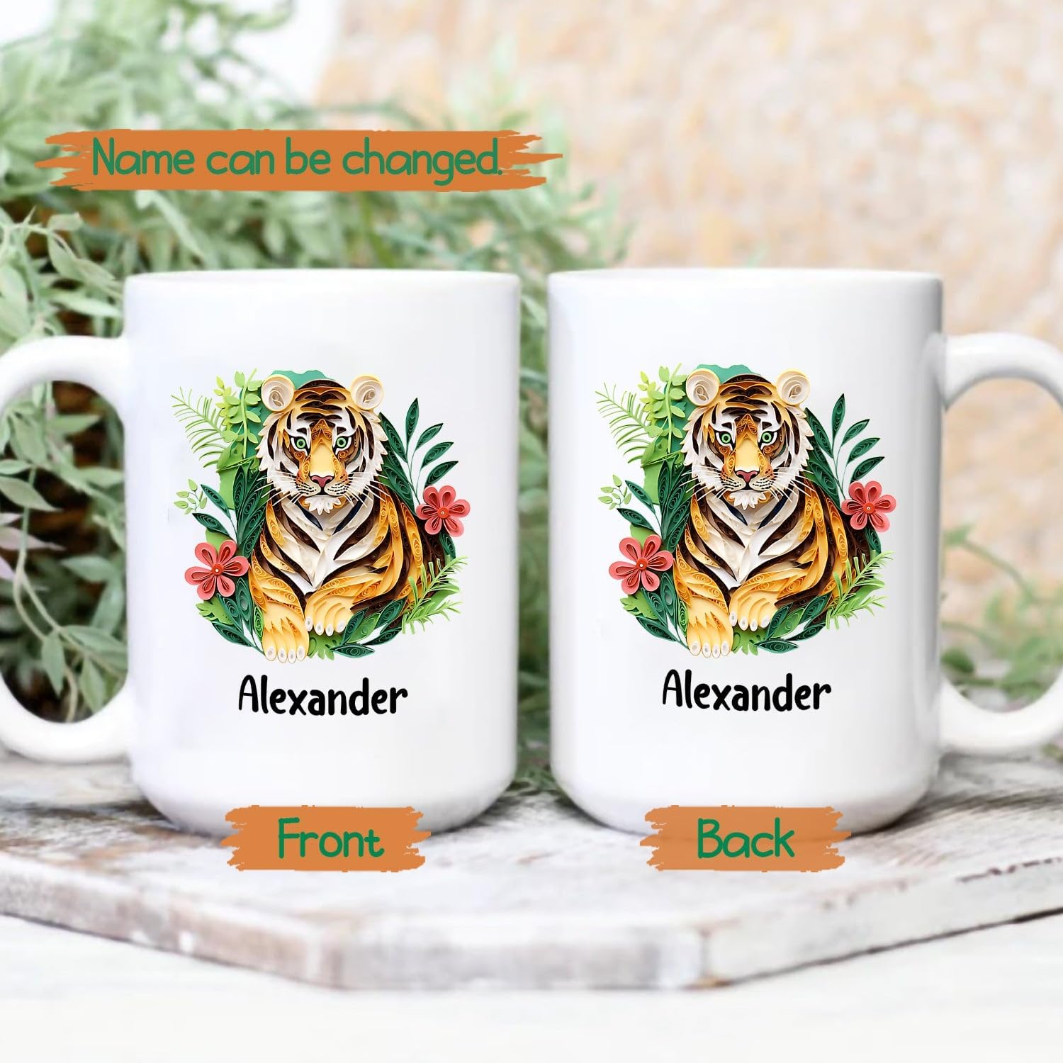 Taza de café personalizada con nombre de tigre, regalo para cumpleaños y Navidad, taza de café personalizada de tigre de animales de origami de 11