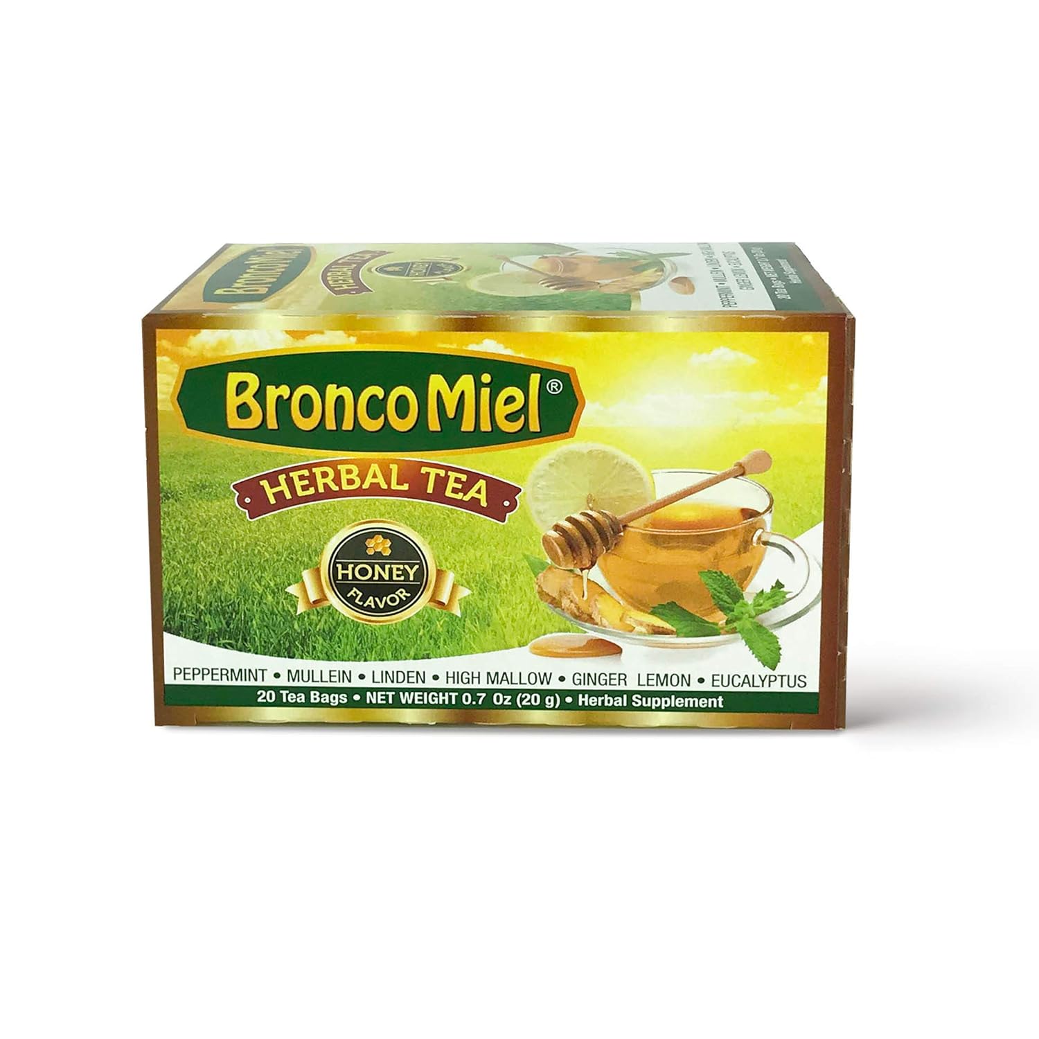 BRONCOMIEL Bolsas de té – Té de hierbas de miel para tos y dolor – Té de eucalipto, jengibre y limón – Sabor dulce a miel – Fácil de preparar –