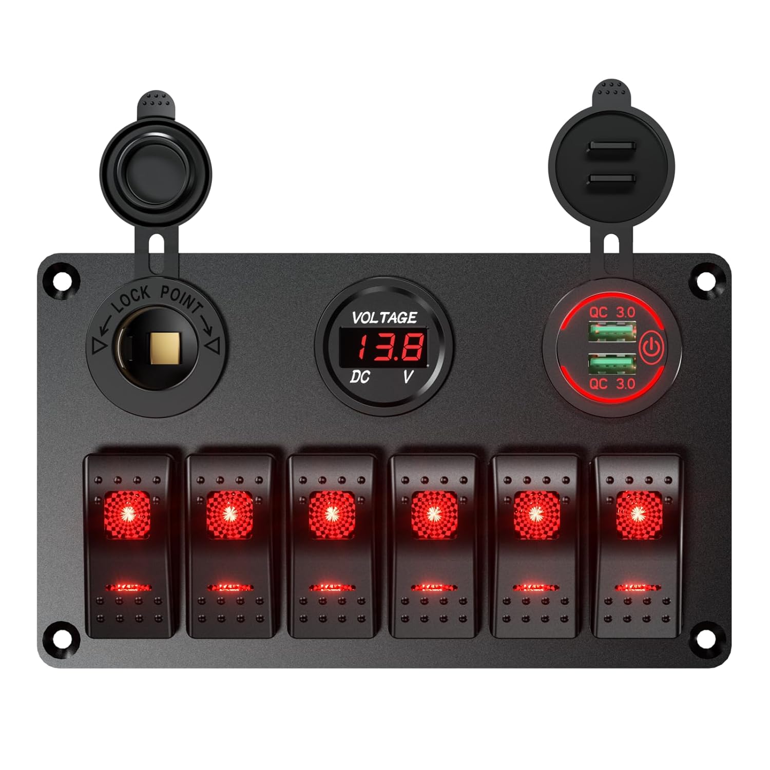 Interruptor de roker de barco marino impermeable, panel de aluminio de 6 cuadrillas con cargador de coche USB dual DC12-24V 36W y voltímetro digital