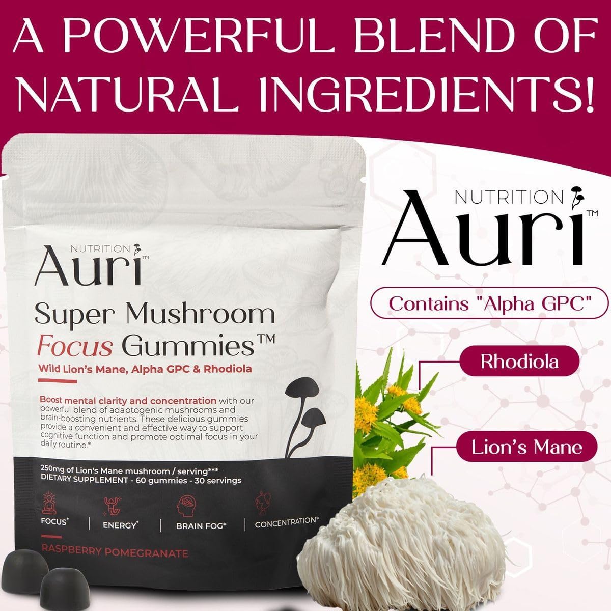Auri Gomitas Super Mushroom Focus  melena de león, Alpha GPC y Rhodiola  Suplemento de hongos para apoyar la función cognitiva, claridad mental,