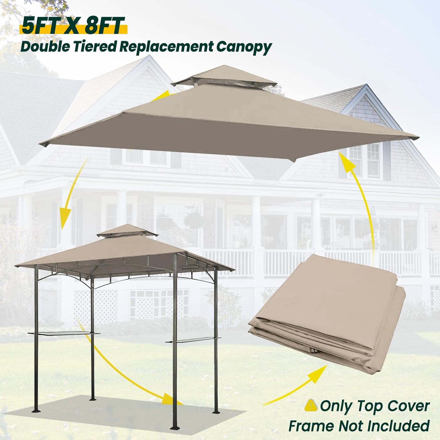 Toldo de repuesto para kiosco de 5 x 8 pies, cubierta superior para kiosco de barbacoa al aire libre, cubierta de refugio de parrilla doble cansada