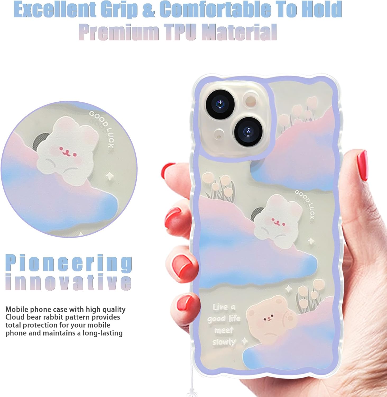 Funda compatible con iPhone 15, diseño de conejito de oso con diseño de cadena para mujeres y niñas, funda delgada y suave de TPU transparente para