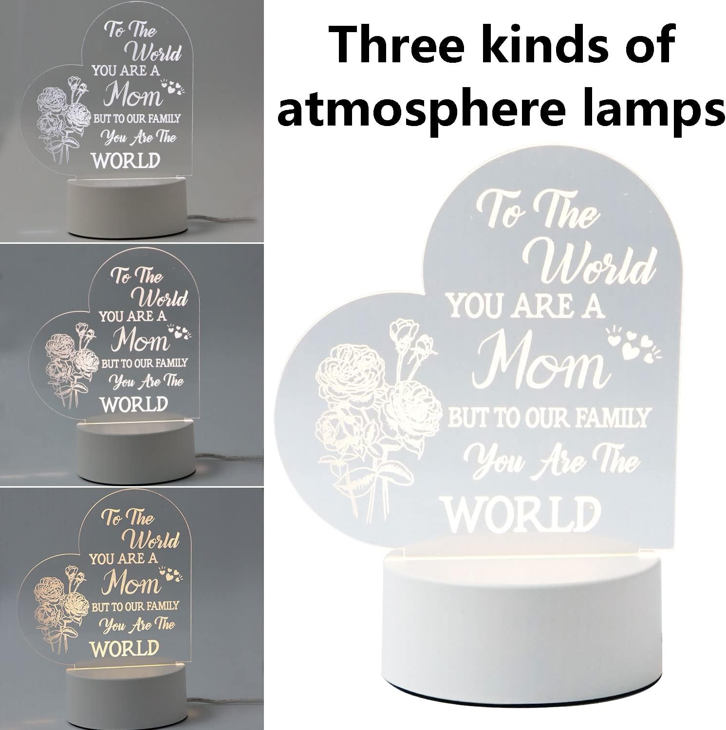 Regalos para mamá de hija hijo, regalos de cumpleaños para madres, 3 modos de luz, luz nocturna, alimentación USB, luz de corazón transparente,