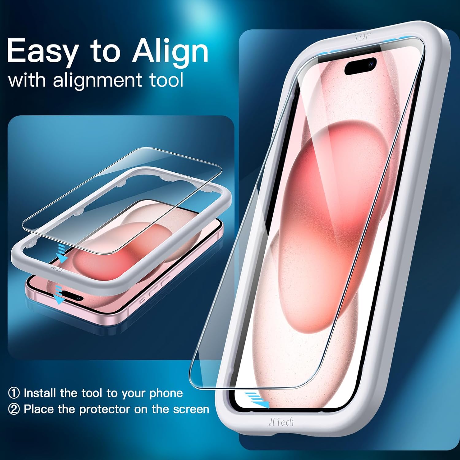 JETech Protector de pantalla para iPhone 15 de 6.1 pulgadas con protector de lente de cámara, herramienta de fácil instalación, película de vidrio