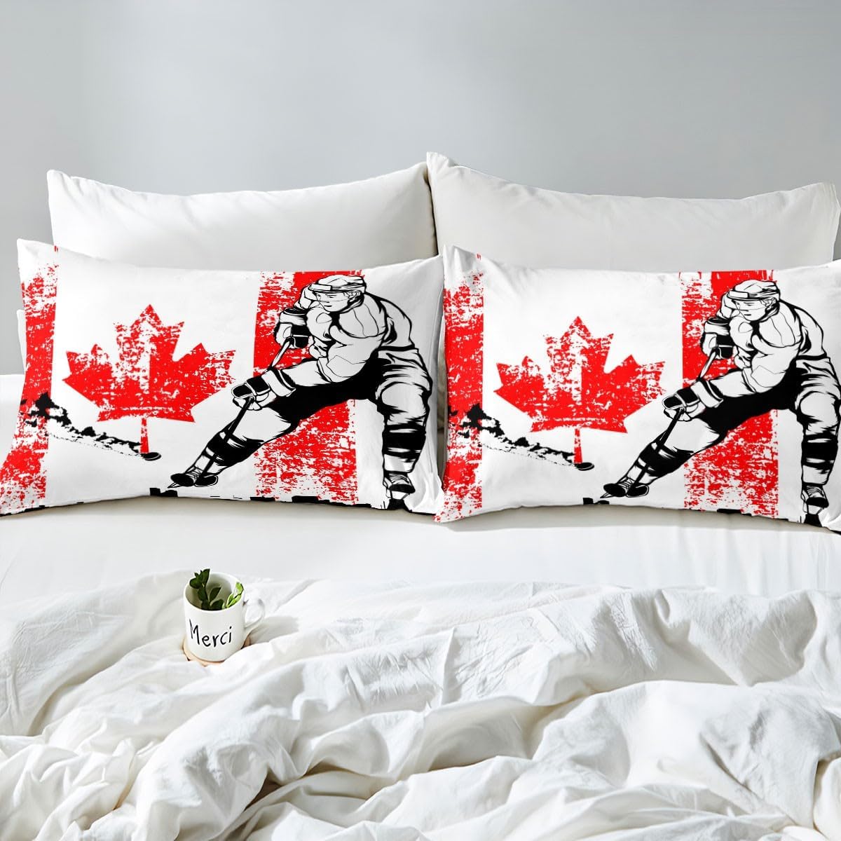 jejeloiu Juego de sábanas de hockey sobre hielo para niñas y niños, tamaño King, con diseño de bandera canadiense con bolsillo profundo, sábana