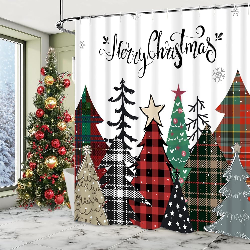Lofaris Cortina de ducha de árbol de Navidad, diseño de búfalo rojo, a cuadros, pino, copo de nieve, tela impermeable, vacaciones, invierno, Año