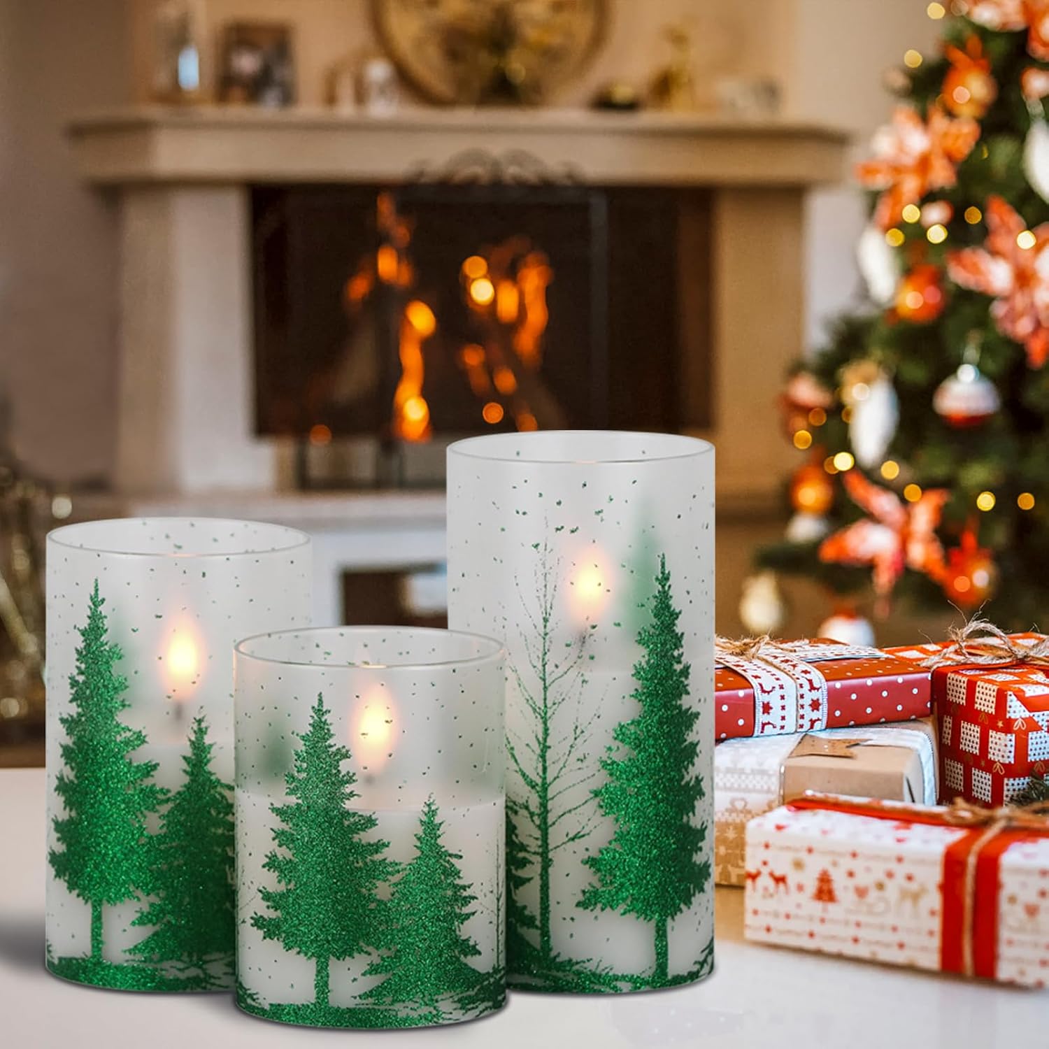 DRomance Velas de cristal sin llama de árbol de Navidad con temporizador remoto, funciona con pilas, cera real, mecha 3D, luces LED parpadeantes,