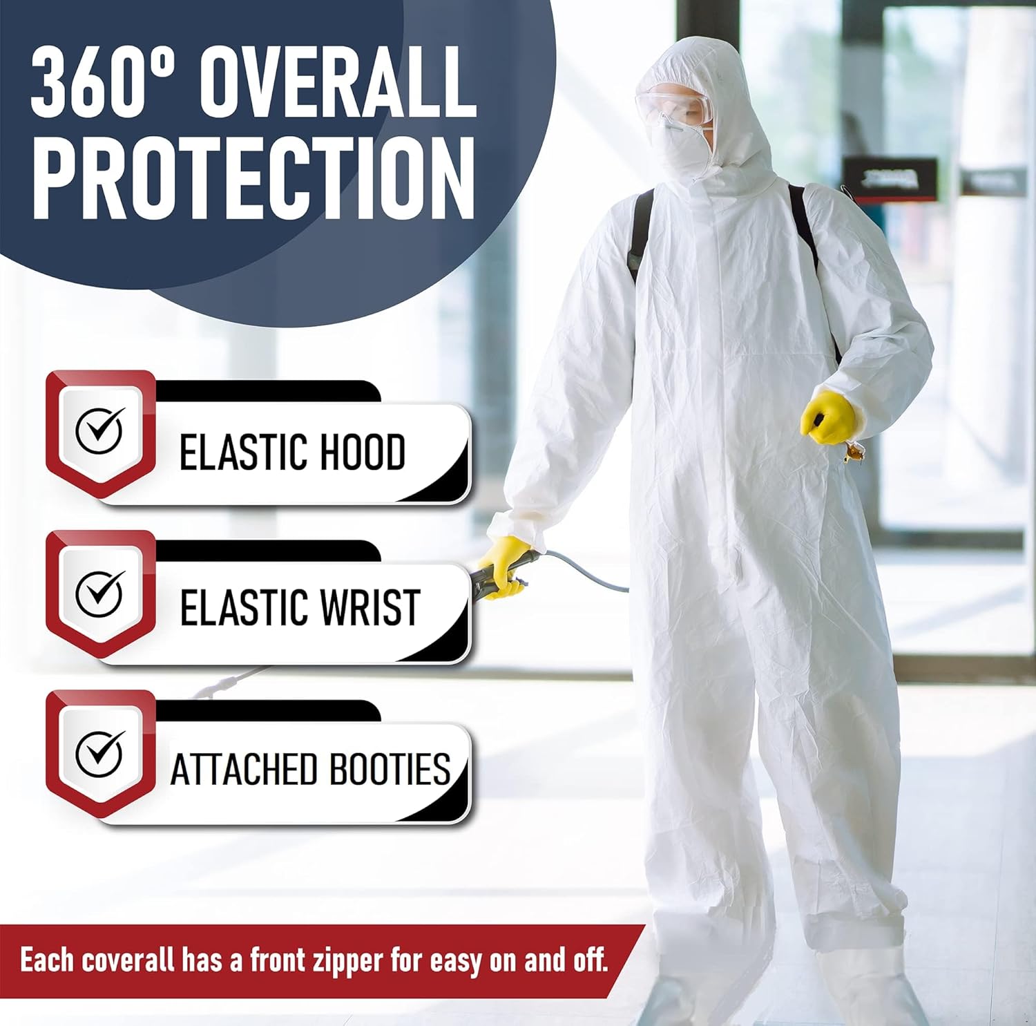 Medical Nation Trajes de materiales peligrosos  Paquete de 25 unidades, mediano  Overol protector desechable, resistente de cuerpo completo, traje