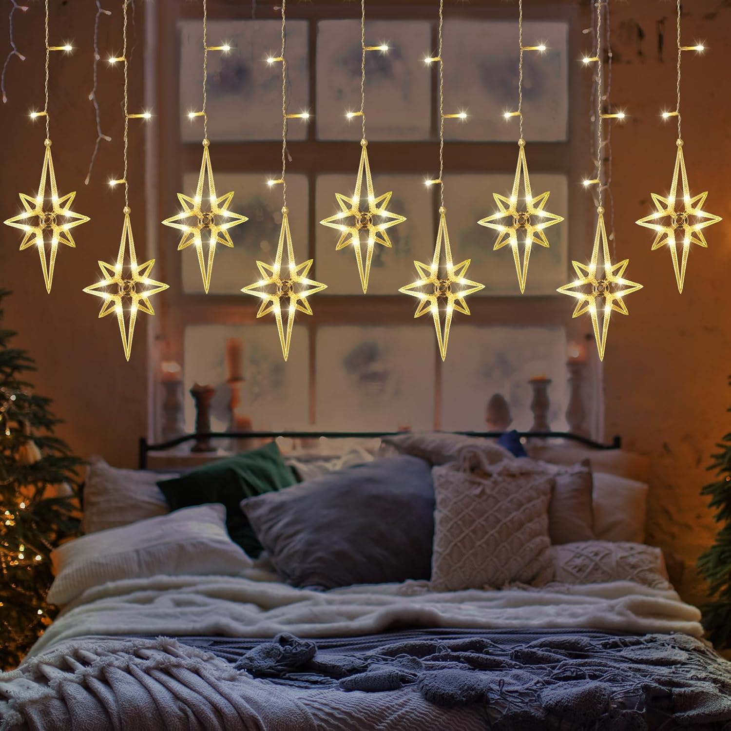 VIHOSE Guirnalda de luces de cortina de estrellas de Navidad, 138 LED, 16 luces Polaris para ventana, enchufables con 8 modos de luces colgantes