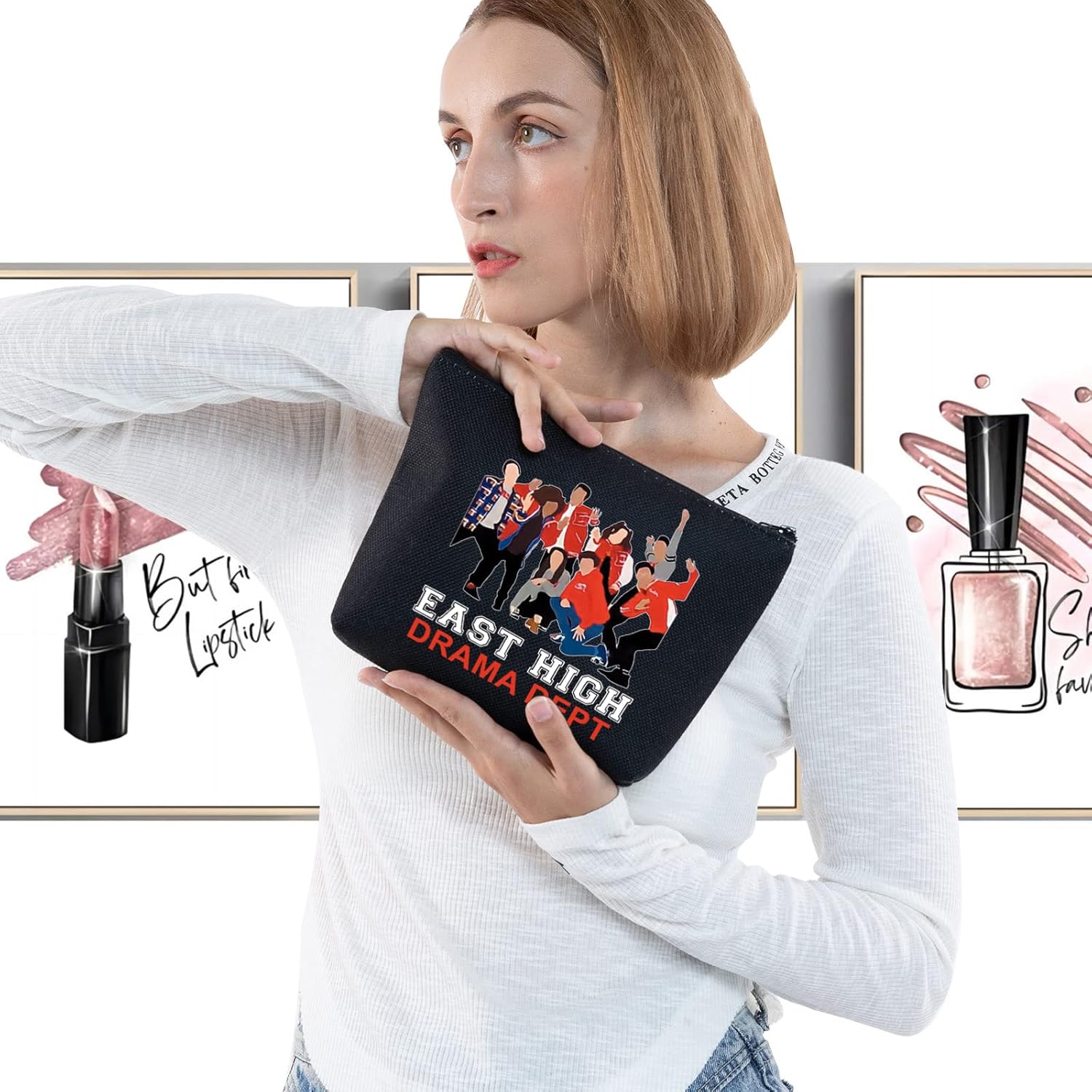 LEVLO Bolsa de maquillaje cosmética para fanáticos de la película de Broadway, regalo de East High Drama Dept Dept con cremallera, bolsa para