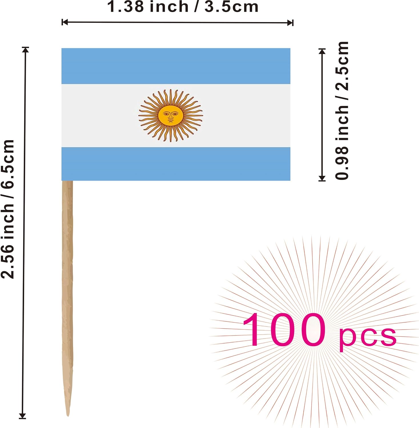 Bandera de palillo de dientes argentino nacional argentino pequeño, mini cupcakes de frutas, decoración de palitos de alimentos, paquete de 100