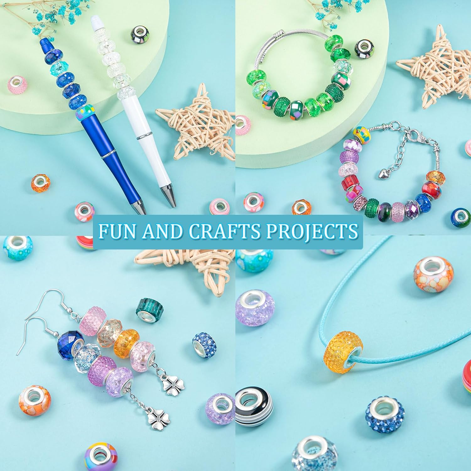 210 cuentas europeas de agujeros grandes, cuentas de manualidades europeas surtidas, cuentas de diamantes de imitación de colores mixtos, cuentas