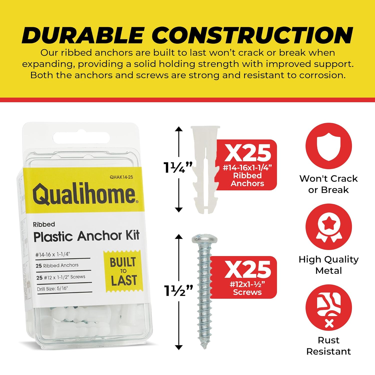 Qualihome Kit de anclaje de plástico acanalado para paneles de yeso, anclajes de pared y tornillos para paneles de yeso, incluye anclajes y